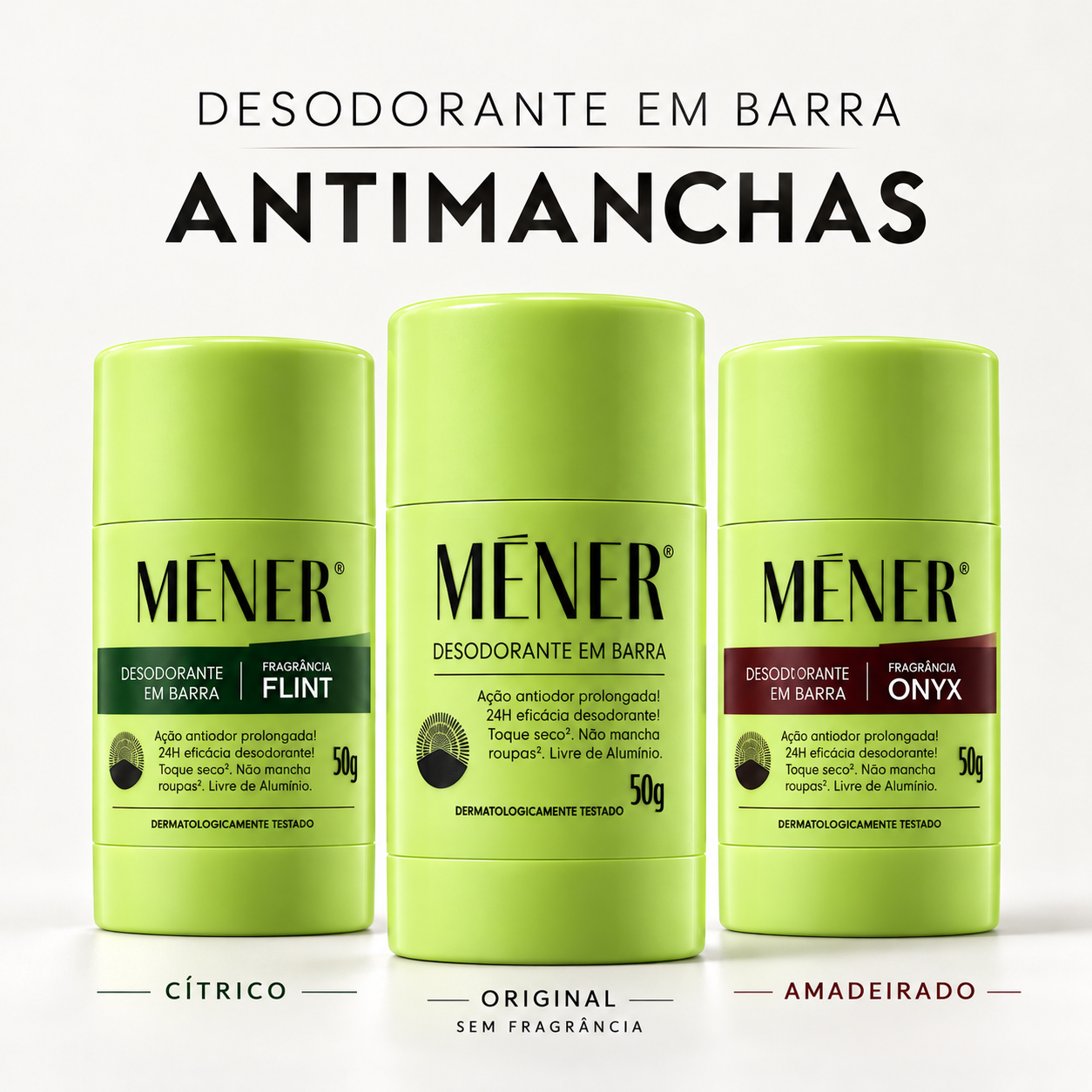 Desodorantes MÉNER: FLINT cítrico, Original sem fragrância e ONYX amadeirado