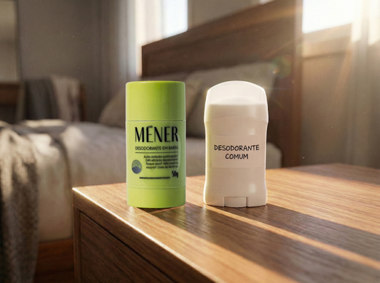 Comparação entre o Desodorante em Barra MÉNER e um desodorante comum, destacando fragrância discreta e controle de odor.