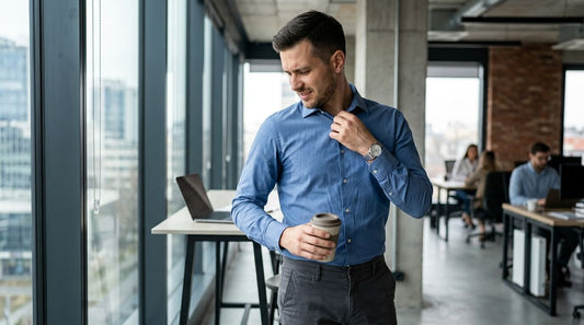 Homem em ambiente de trabalho com desconforto sutil na axila, situação comum para quem transpira muito no dia a dia.