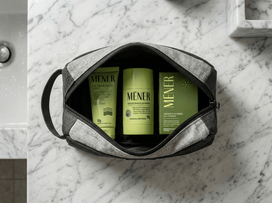 Nécessaire aberta com produtos MÉNER (sabonete, gel creme facial e desodorante em barra) para um reset pós-treino sem banho completo.