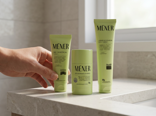 Mão posicionando três produtos MÉNER (gel creme facial, desodorante em barra e creme modelador) sobre a bancada do banheiro.